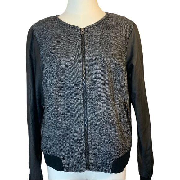 Trina Turk Herringbone Tweed & Leather Bomber Jacket Black Gray Full Zip Size 10 - Picture 1 of 11